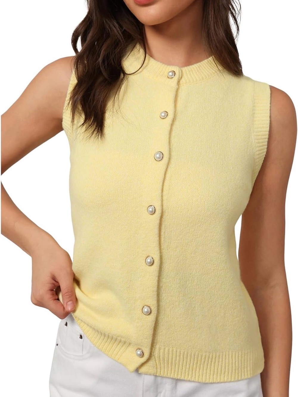 Sleeveless Yellow Button-Up Knit Top
